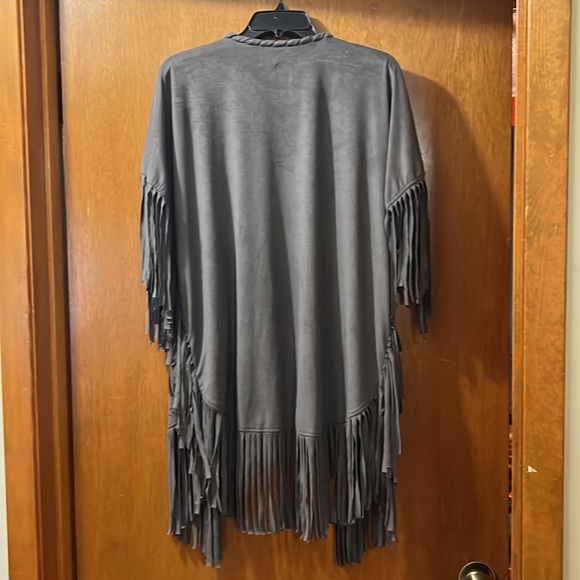 Western style gray cardigan with fringe on bottom and front edges and sleeves. - Picture 2 of 5